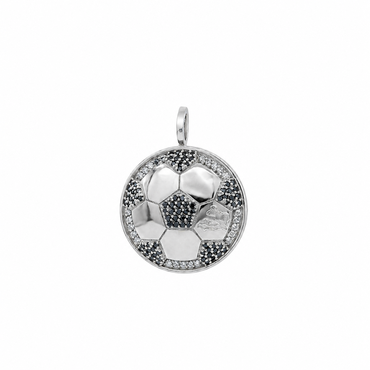Silver pendant shaped like a soccer ball with black and white stones on a white background