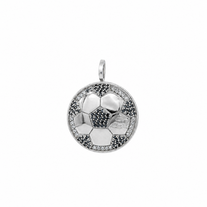 Silver pendant shaped like a soccer ball with black and white stones on a white background